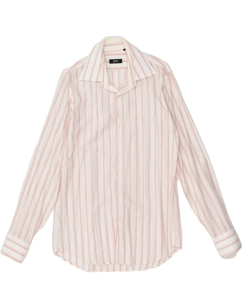 HUGO BOSS Mens Shirt Size 40 15 1/2 Medium Pink Striped Cotton | Vintage Hugo Boss | Thrift | Second-Hand Hugo Boss | Used Clothing | Messina Hembry 