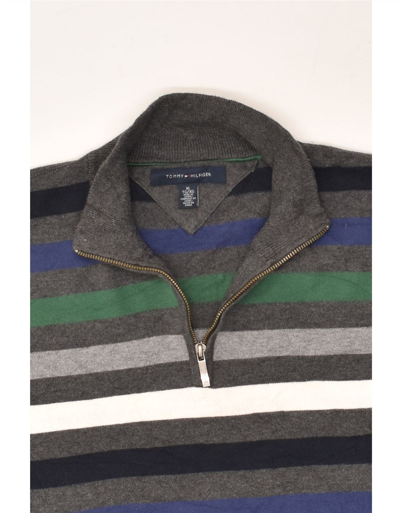 TOMMY HILFIGER Mens Tall Zip Neck Jumper Sweater XL Grey Striped Cotton | Vintage Tommy Hilfiger | Thrift | Second-Hand Tommy Hilfiger | Used Clothing | Messina Hembry 