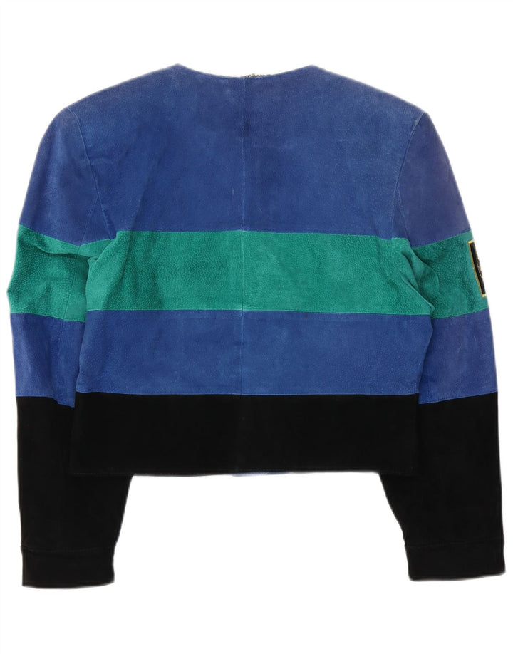 C & A Womens Crop Graphic Suede Jacket UK 12 Medium Blue Colourblock
