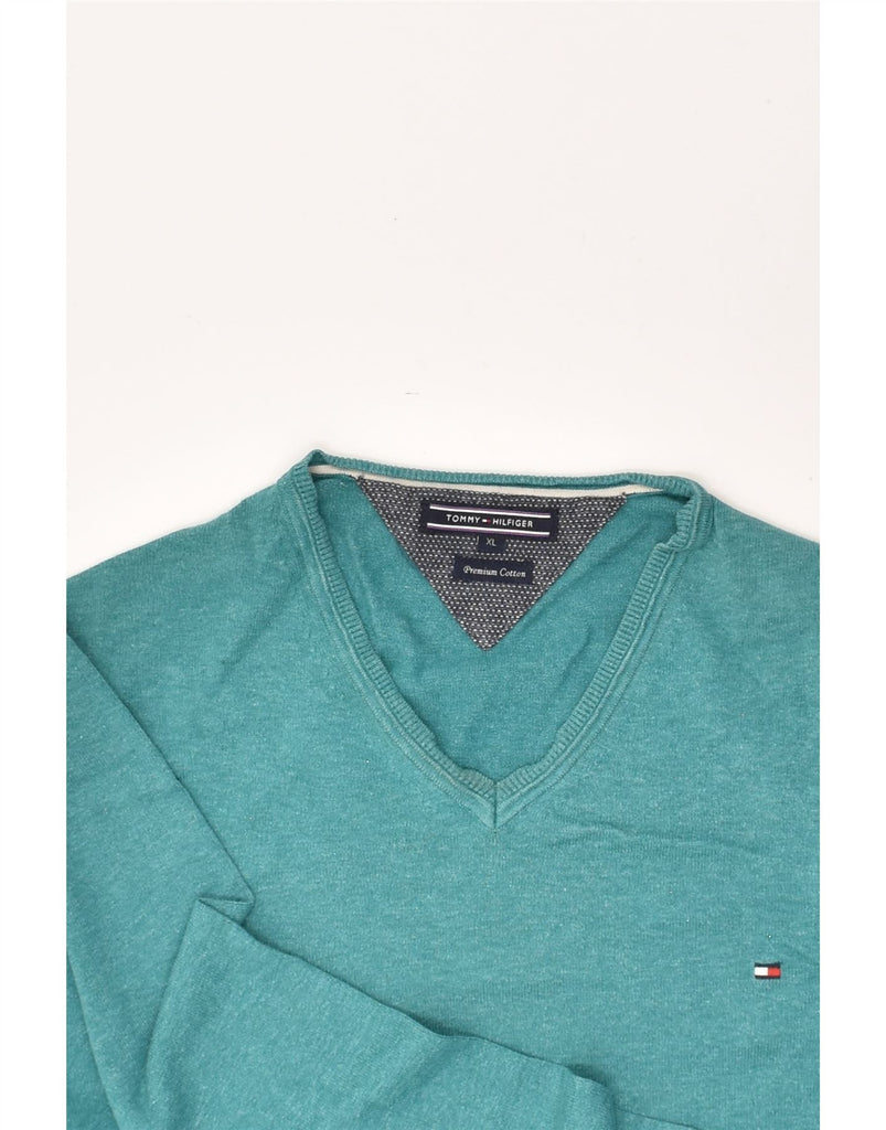 TOMMY HILFIGER Mens V-Neck Jumper Sweater XL Turquoise Cotton | Vintage Tommy Hilfiger | Thrift | Second-Hand Tommy Hilfiger | Used Clothing | Messina Hembry 