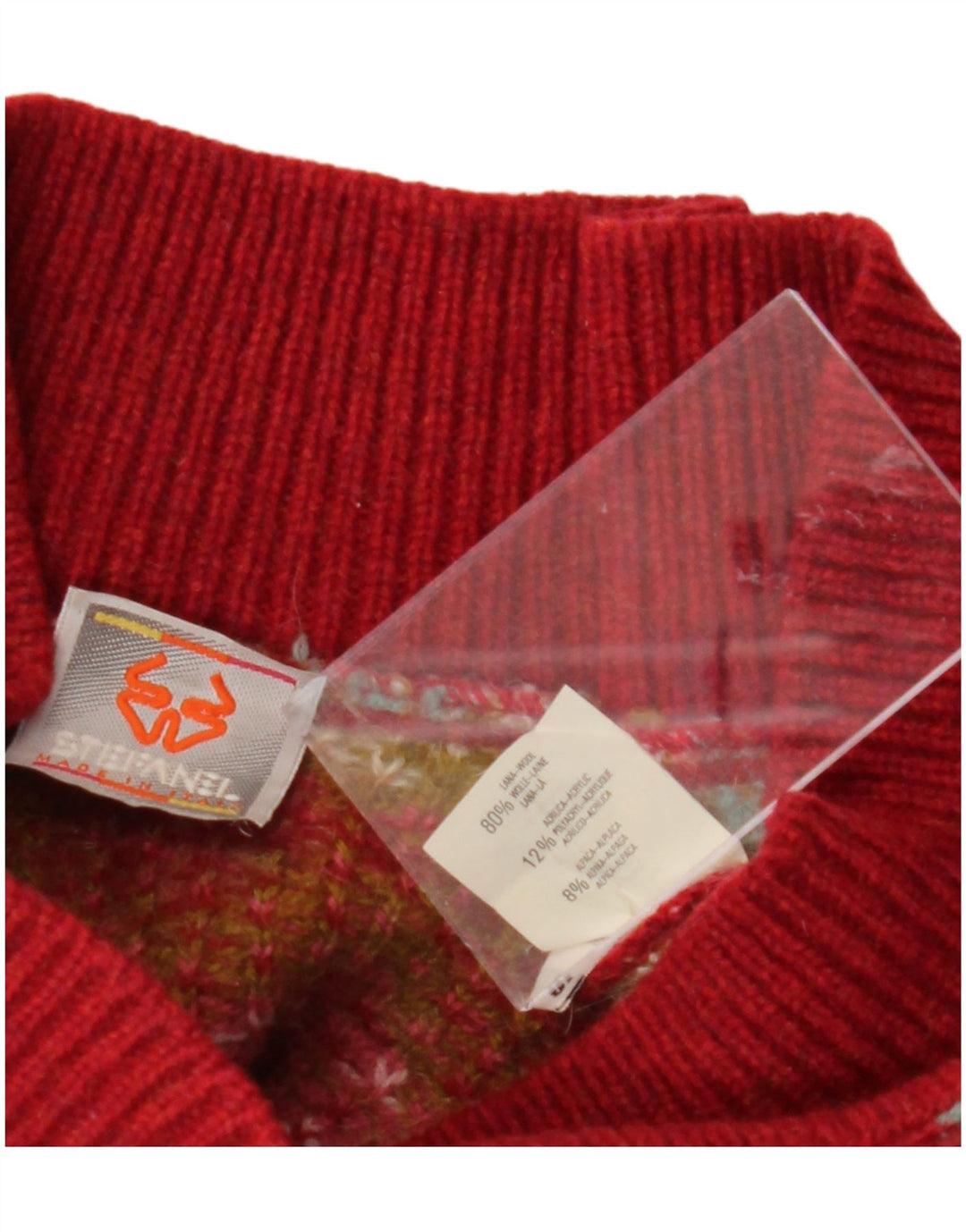 STEFANEL Womens Oversized V-Neck Jumper Sweater UK 10 Small Red Fair Isle Vintage Stefanel and Second-Hand Stefanel from Messina Hembry 
