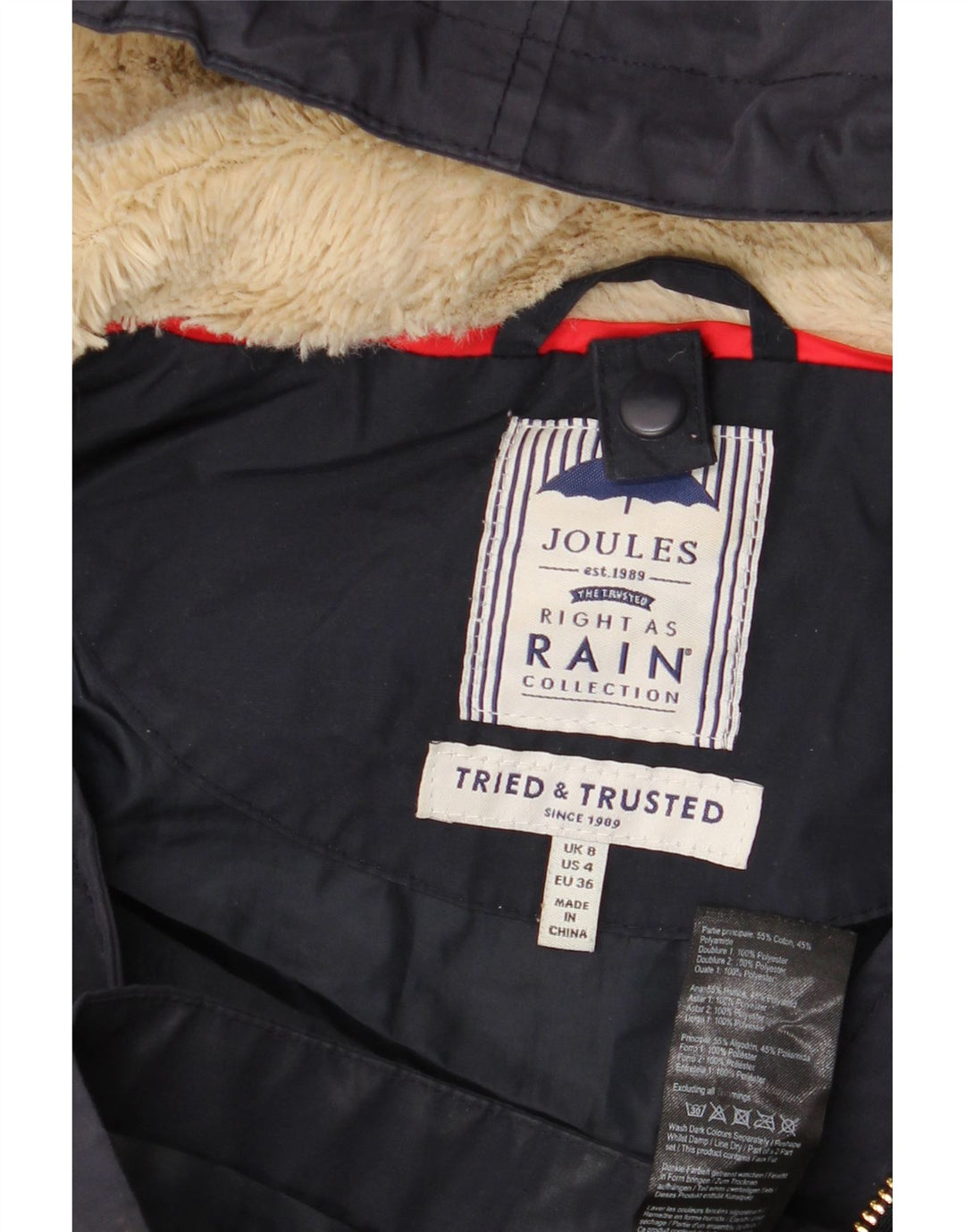 Joules Womens Hooded Oversized Rain Jacket UK 8 Small Navy Blue Cotton