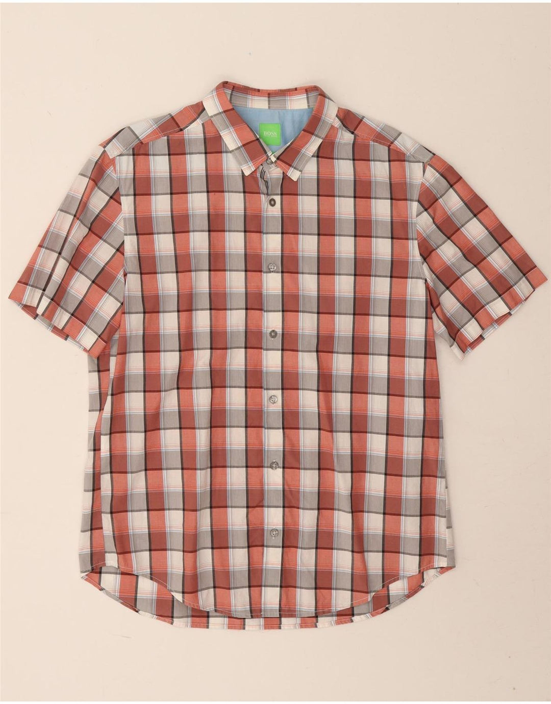 Hugo Boss Mens Modern Fit Short Sleeve Shirt Large Red Check Cotton