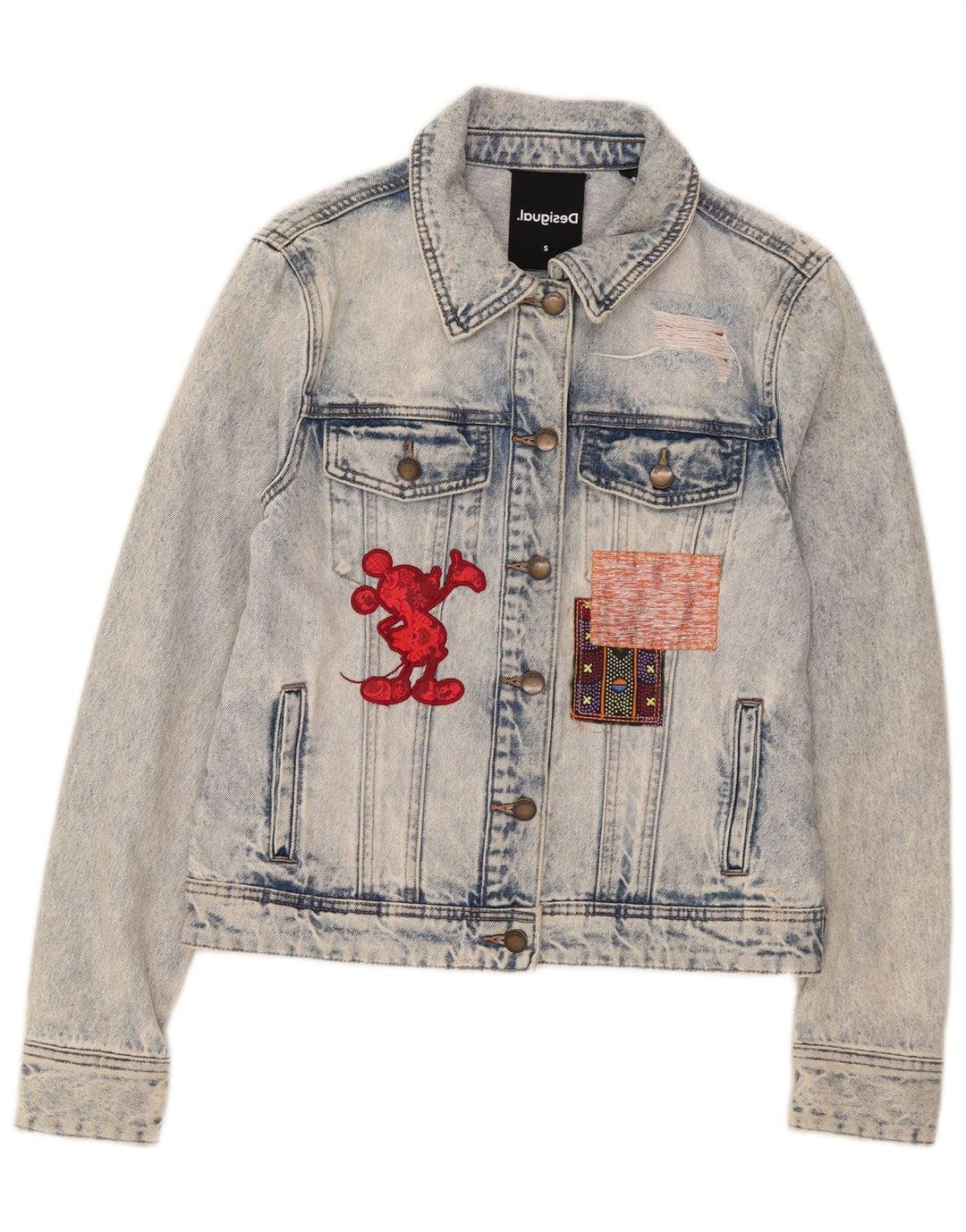 Desigual Womens Mickey Mouse Graphic Denim Jacket UK 10 Small Blue Cotton