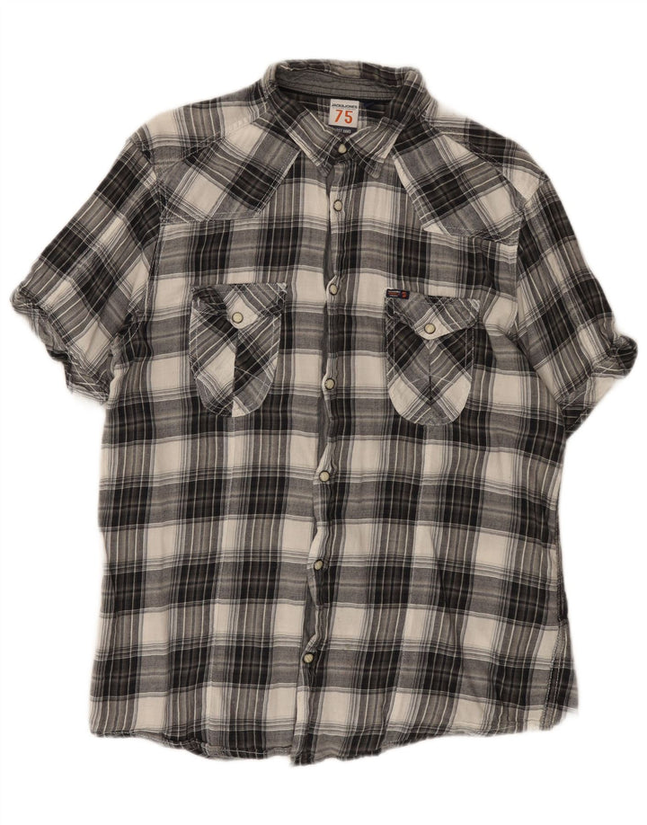 Jack & Jones Mens Short Sleeve Flannel Shirt Large Grey Check Cotton