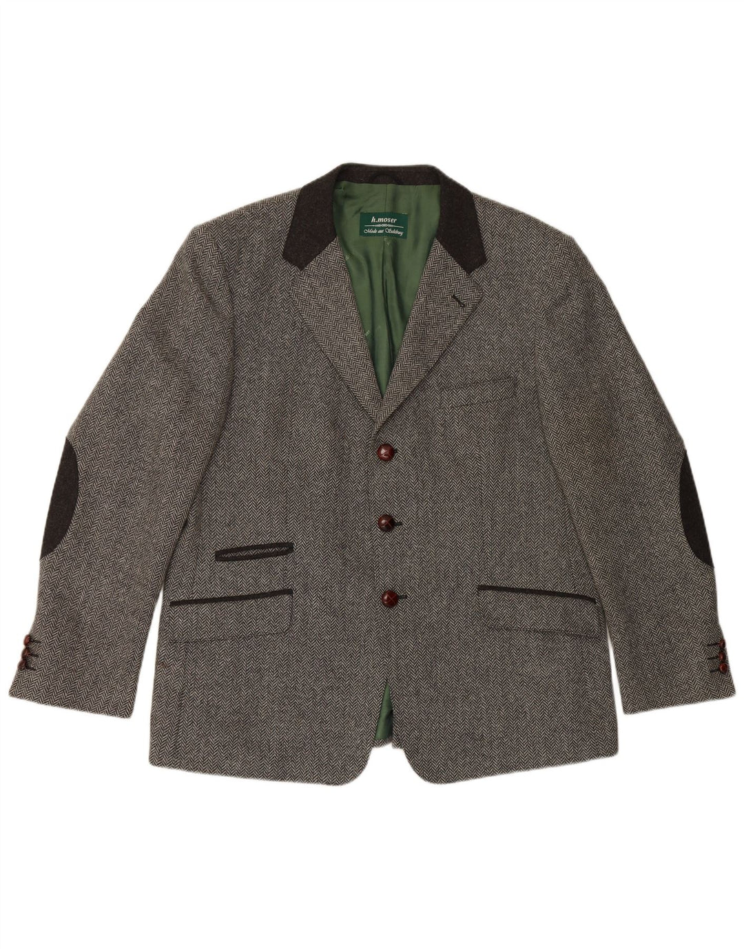 H.MOSER Mens 3 Button Blazer Jacket EU 54 2XL Grey Herringbone Wool