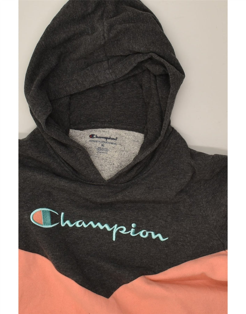 CHAMPION Womens Slim Graphic Hoodie Jumper UK 18 XL Grey Colourblock | Vintage Champion | Thrift | Second-Hand Champion | Used Clothing | Messina Hembry 