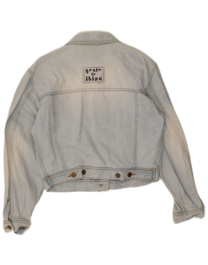 Vintage Womens Crop Graphic Denim Jacket UK 10 Small Blue Cotton