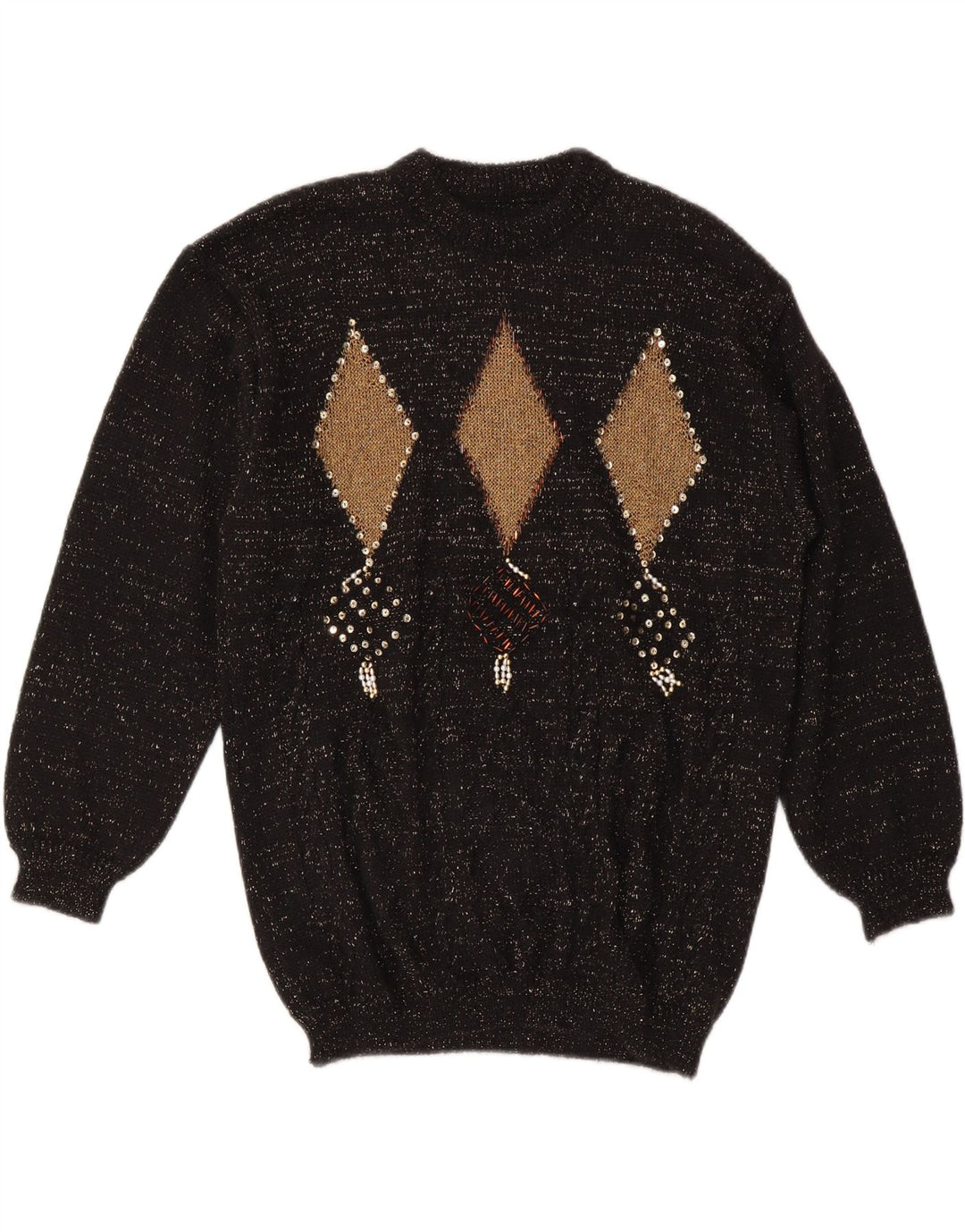 VINTAGE Womens Crew Neck Jumper Sweater UK 14 Medium Black Argyle/Diamond