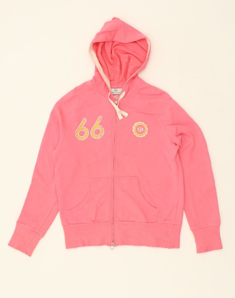 SERGIO TACCHINI Womens Graphic Zip Hoodie Sweater UK 12 Medium Pink Cotton | Vintage Sergio Tacchini | Thrift | Second-Hand Sergio Tacchini | Used Clothing | Messina Hembry 