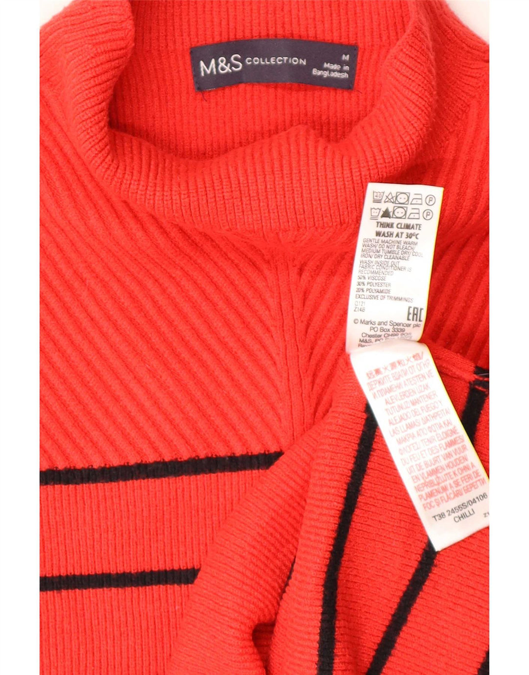 Marks & Spencer Womens Turtle Neck Jumper Sweater UK 14 Medium Red Striped