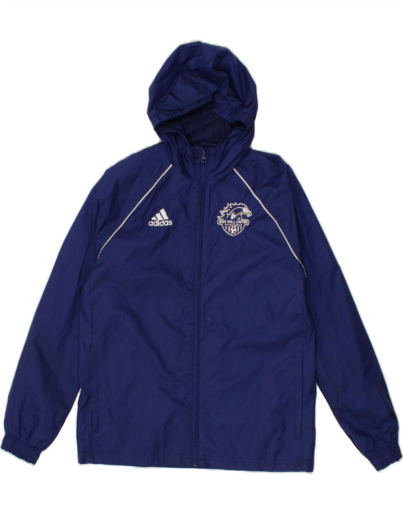 ADIDAS Boys Hooded Rain Jacket 13-14 Years Navy Blue Nylon Vintage Adidas and Second-Hand Adidas from Messina Hembry 