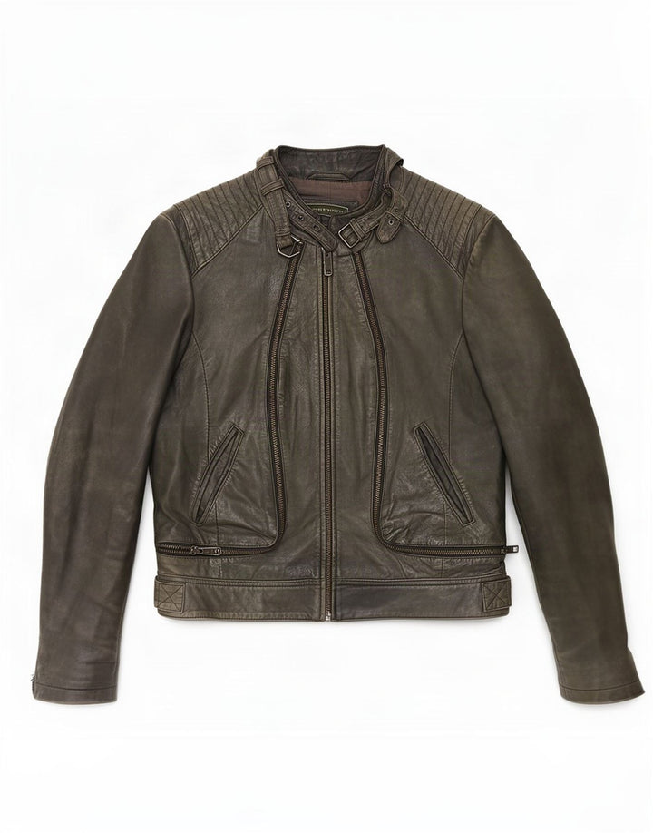 MINT VELVET Womens Leather Jacket UK 12 Medium Green