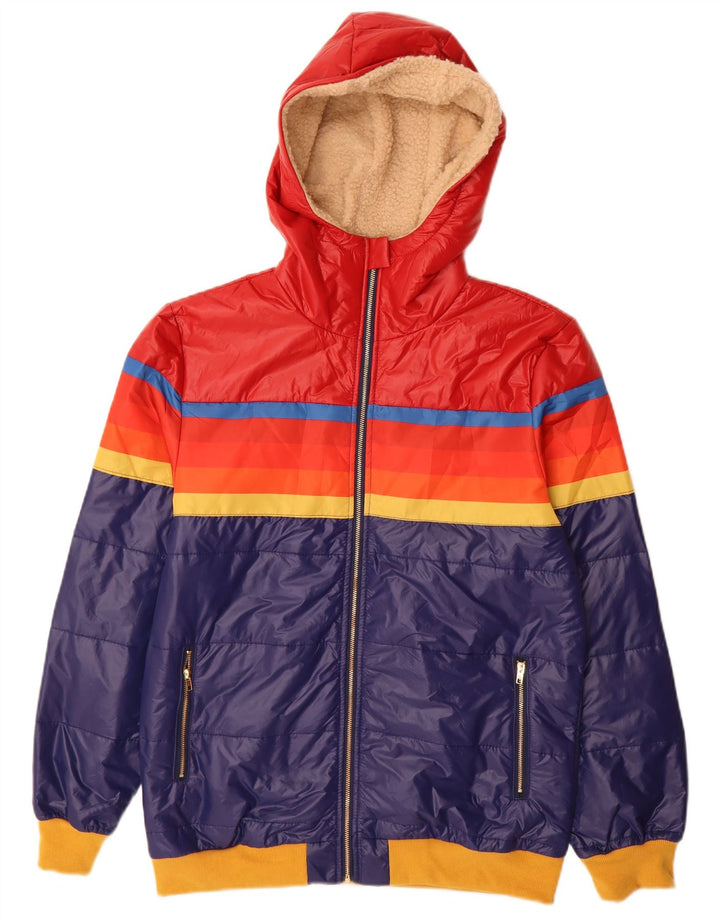 Vintage Womens Hooded Padded Jacket UK 14 Medium Blue Colourblock