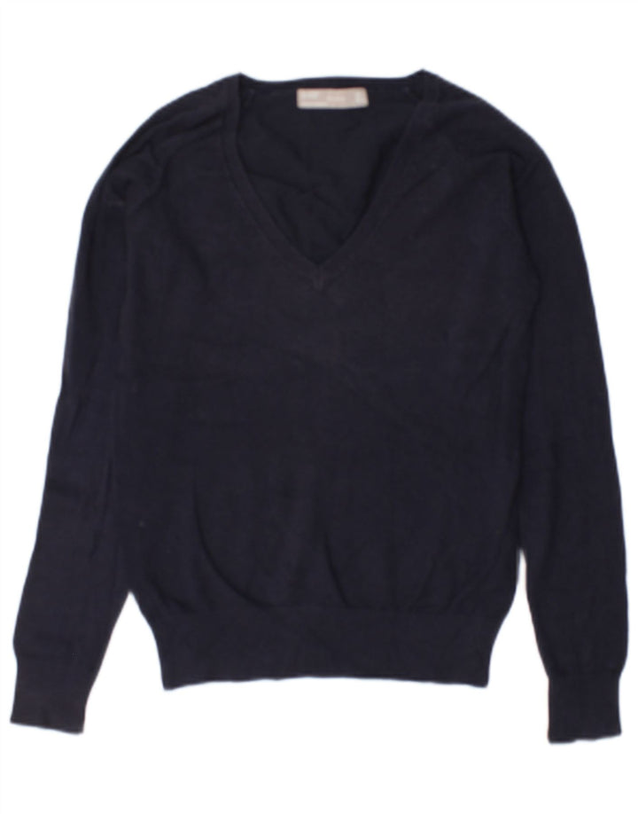 Zara Womens V-Neck Jumper Sweater UK 14 Medium Navy Blue Cotton