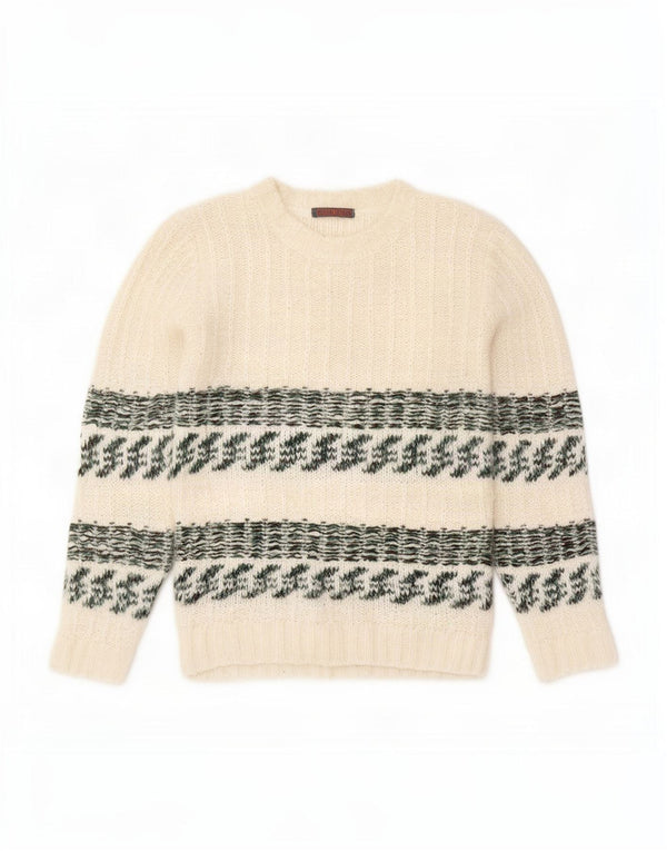Vintage Womens Crew Neck Jumper Sweater UK 14 Medium White Fair Isle Wool