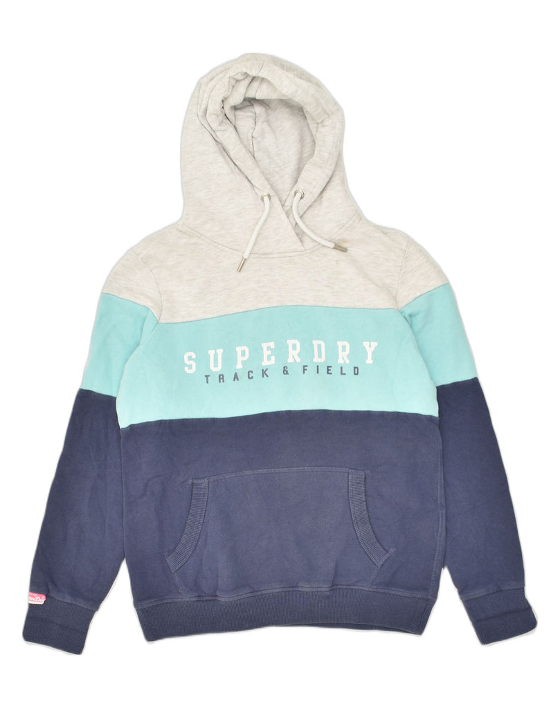 SUPERDRY Womens Graphic Hoodie Jumper UK 14 Large Navy Blue Colourblock | Vintage Superdry | Thrift | Second-Hand Superdry | Used Clothing | Messina Hembry 