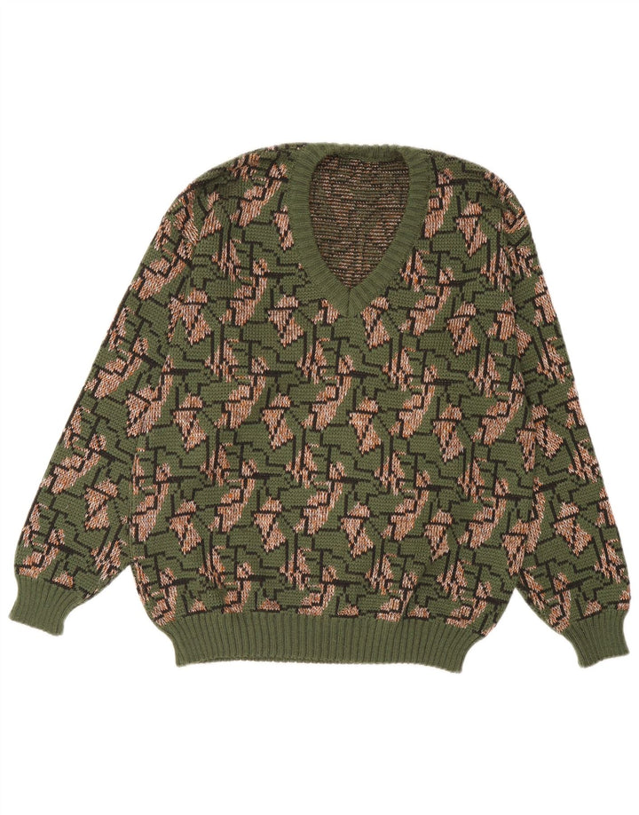 Vintage Mens V-Neck Jumper Sweater IT 52 Large Green Geometric