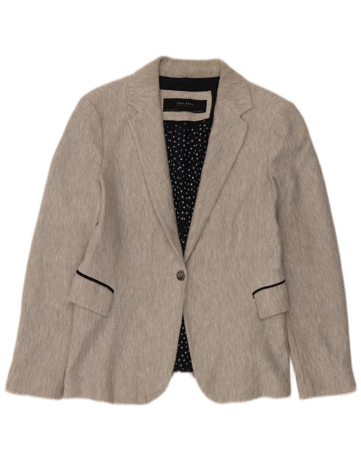 Zara Womens 1 Button Blazer Jacket UK 16 Large Grey Herringbone