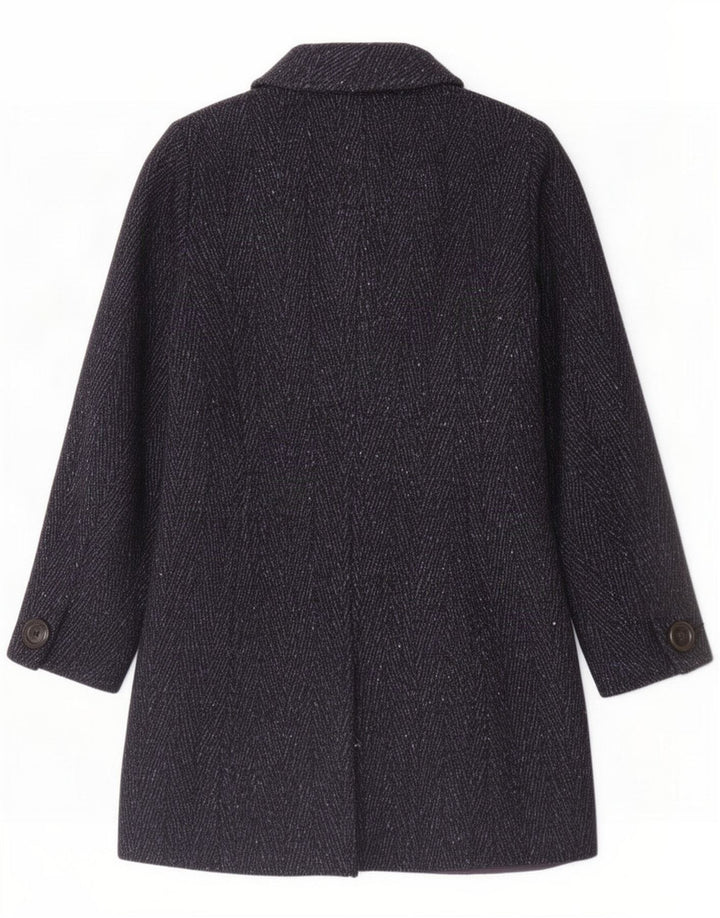 Intrend Womens 4 Button Overcoat UK 12 Medium Navy Blue Chevron Virgin Wool