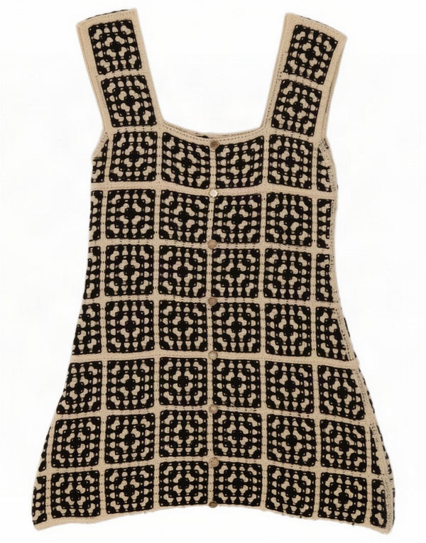 Vintage Womens Mini Crochet A-Line Dress UK 8 Small Black Geometric Cotton
