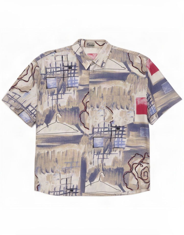 Vintage Mens Abstract Pattern Short Sleeve Shirt Medium Blue