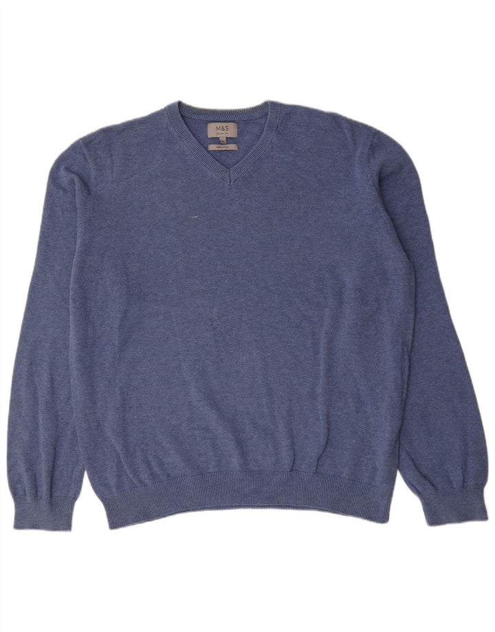 Marks & Spencer Mens V-Neck Jumper Sweater XL Blue Cotton