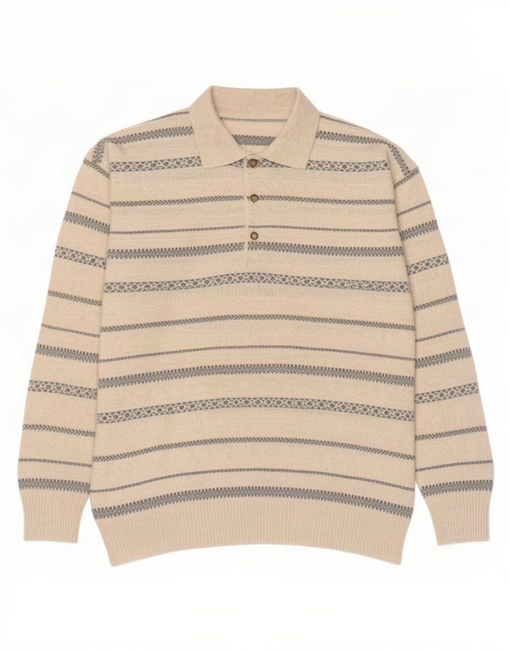 Vintage Mens Polo Neck Jumper Sweater Medium White Striped