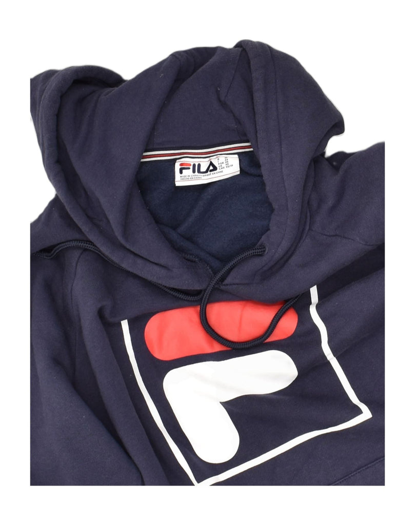 FILA Mens Graphic Hoodie Jumper XS Navy Blue Cotton | Vintage Fila | Thrift | Second-Hand Fila | Used Clothing | Messina Hembry 