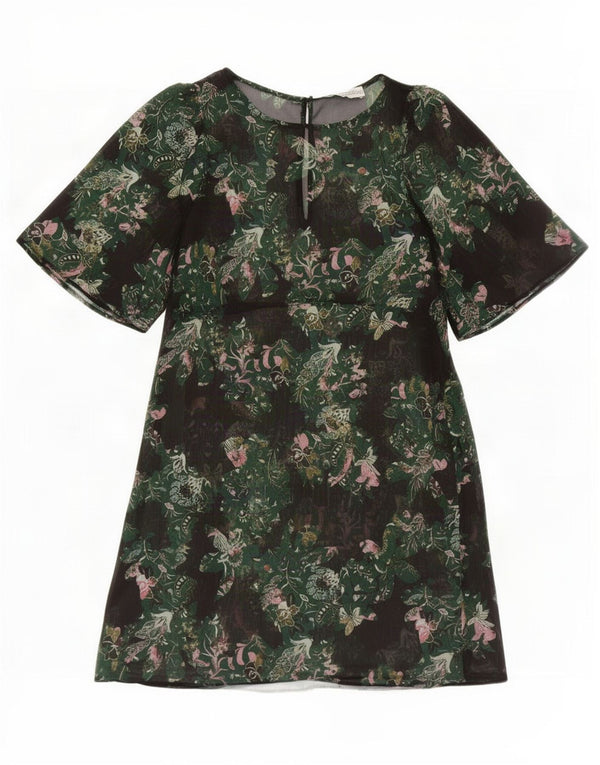 Zara Womens 3/4 Sleeve See Through A-Line Dress UK 6 XS Green Floral
