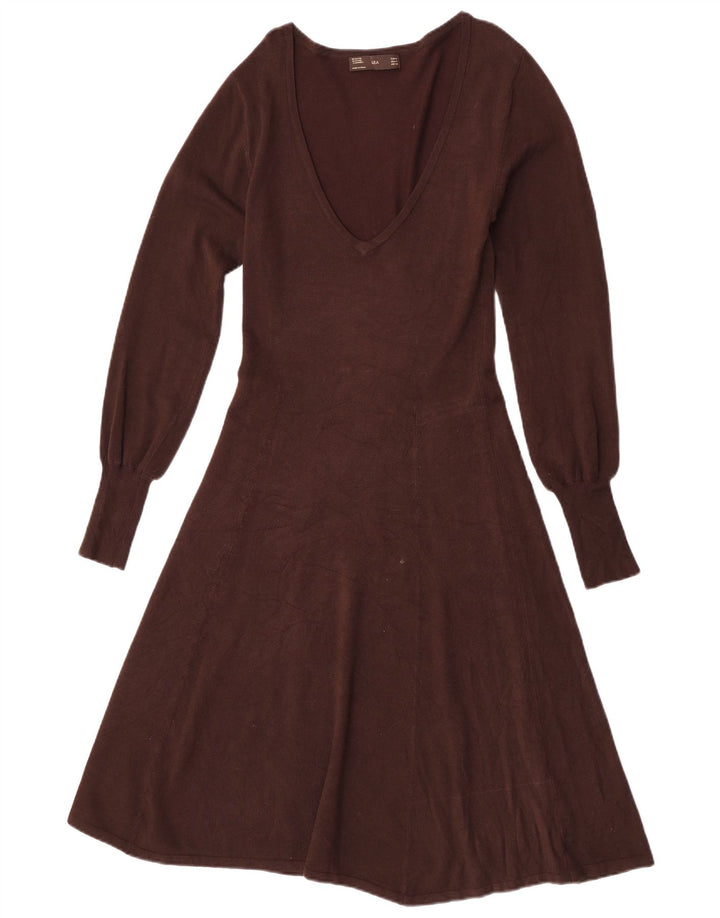 Zara Womens Long Sleeve A-Line Dress UK 12 Medium Brown Rayon