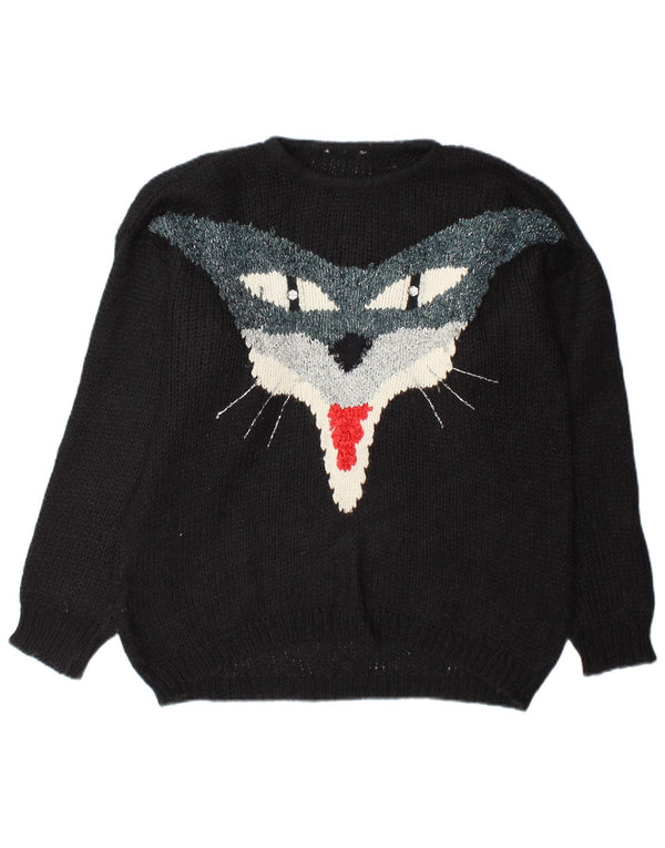Vintage Womens Graphic Crew Neck Jumper Sweater UK 18 XL Black Mohair