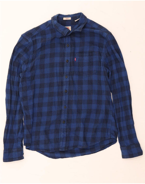 Levi's Mens Slim Fit Flannel Shirt Medium Navy Blue Gingham Cotton