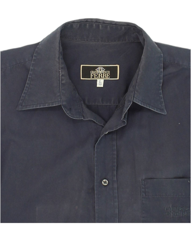 FERRE Mens Shirt IT 50 Medium Navy Blue Cotton | Vintage Ferre | Thrift | Second-Hand Ferre | Used Clothing | Messina Hembry 