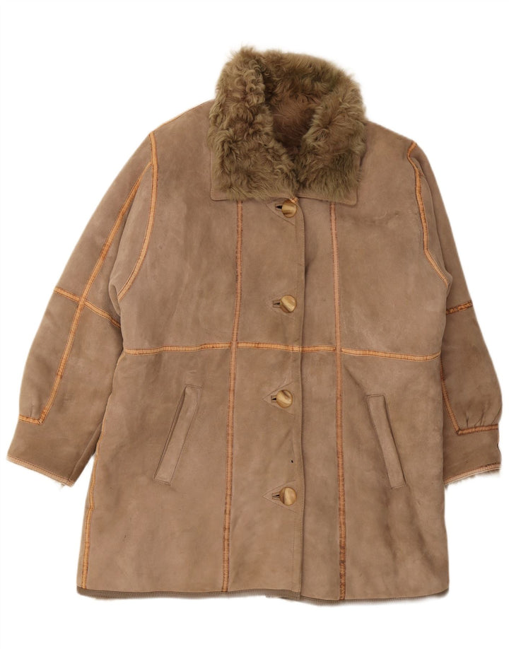 VINTAGE Womens Shearling Coat UK 16 Large Brown
