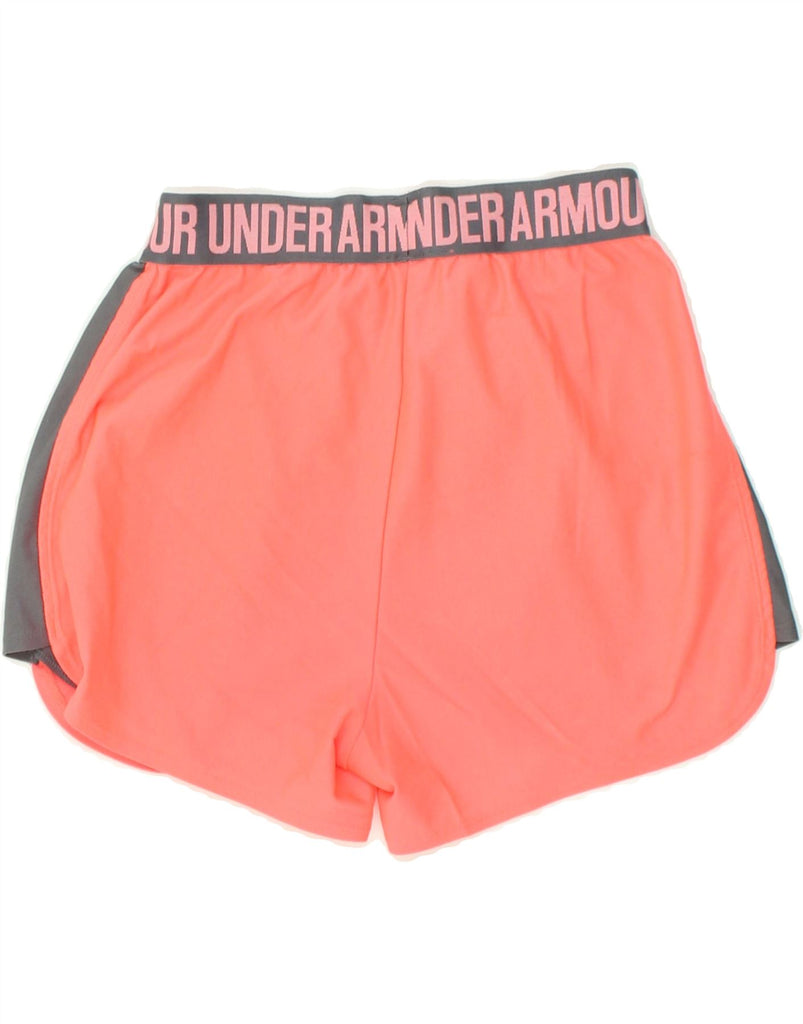 UNDER ARMOUR Womens Heat Gear Sport Shorts UK 4 XS Orange Colourblock | Vintage Under Armour | Thrift | Second-Hand Under Armour | Used Clothing | Messina Hembry 