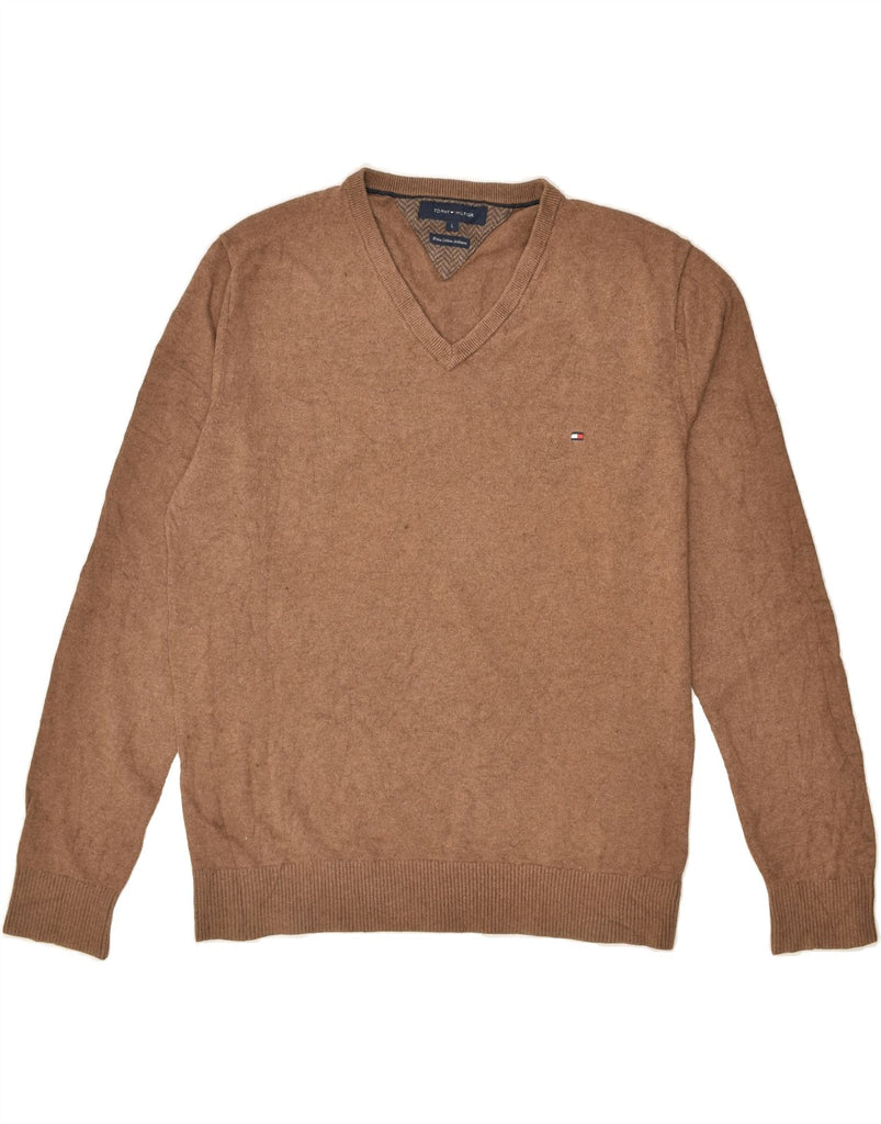 TOMMY HILFIGER Mens V-Neck Jumper Sweater Large Brown Cotton | Vintage Tommy Hilfiger | Thrift | Second-Hand Tommy Hilfiger | Used Clothing | Messina Hembry 