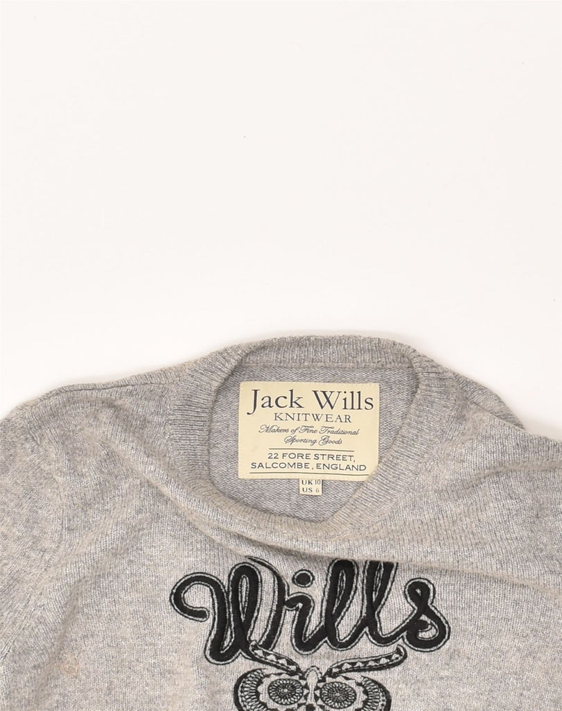 JACK WILLS Womens Graphic Crew Neck Jumper Sweater UK 10 Small Grey | Vintage Jack Wills | Thrift | Second-Hand Jack Wills | Used Clothing | Messina Hembry 