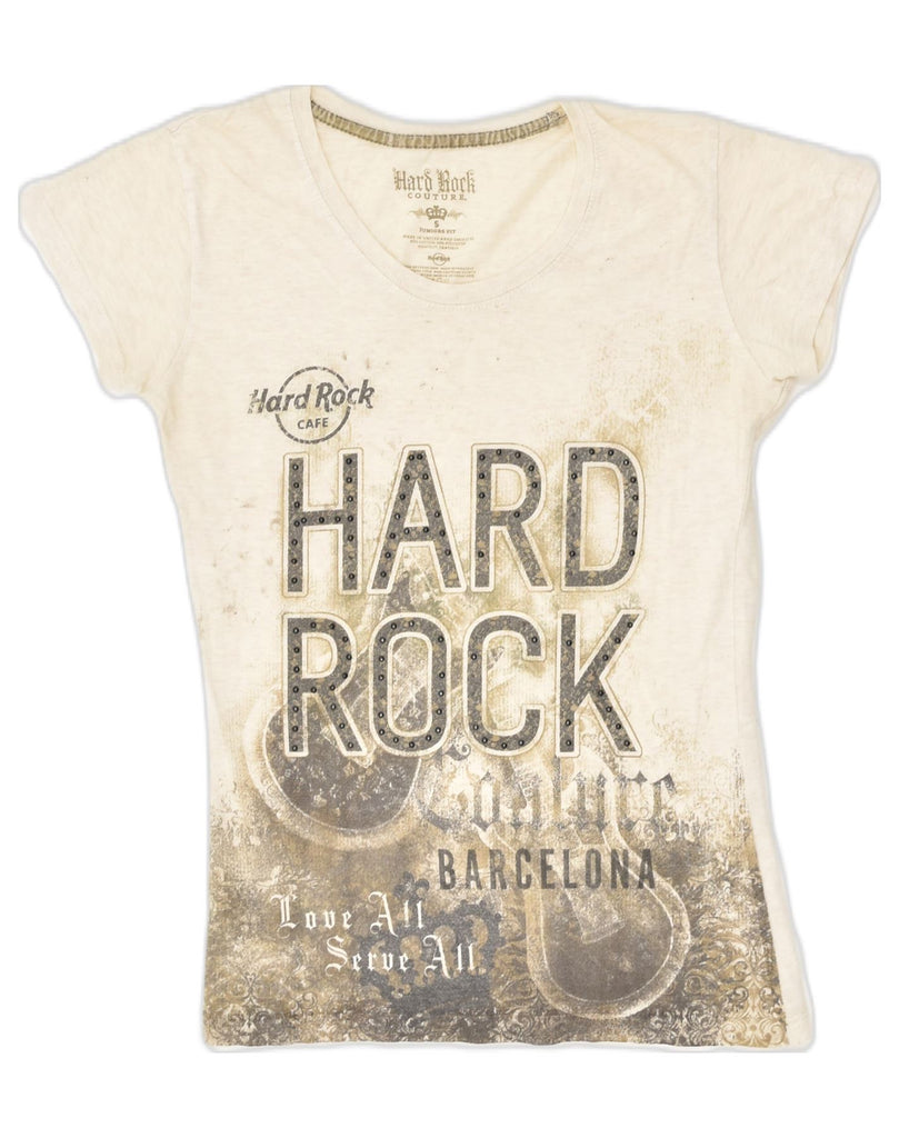 HARD ROCK Womens Barcelona Graphic T-Shirt Top UK 8 Small Beige Cotton | Vintage Hard Rock | Thrift | Second-Hand Hard Rock | Used Clothing | Messina Hembry 