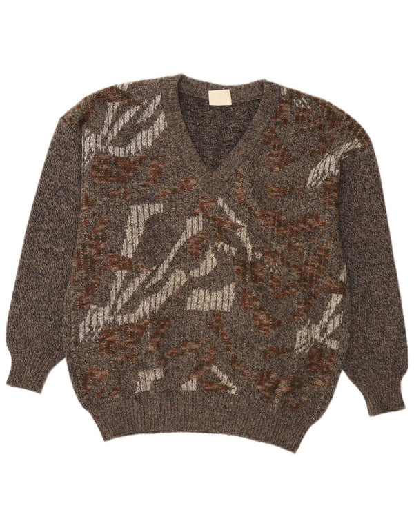 Strickmoden Mens V-Neck Jumper Sweater IT 50 Medium Grey Geometric