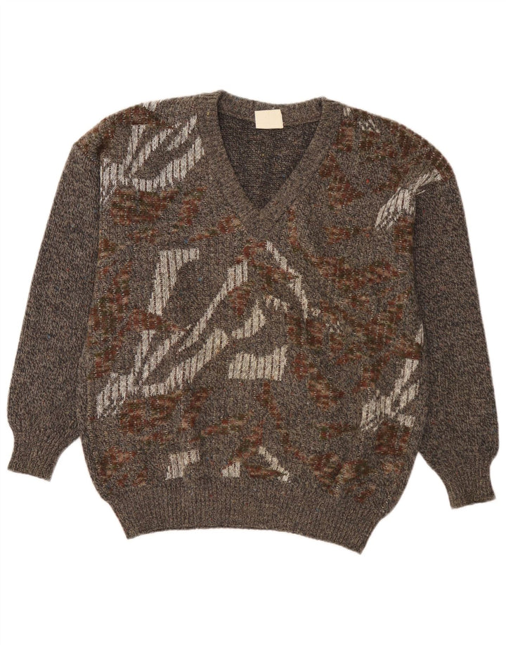 Strickmoden Mens V-Neck Jumper Sweater IT 50 Medium Grey Geometric