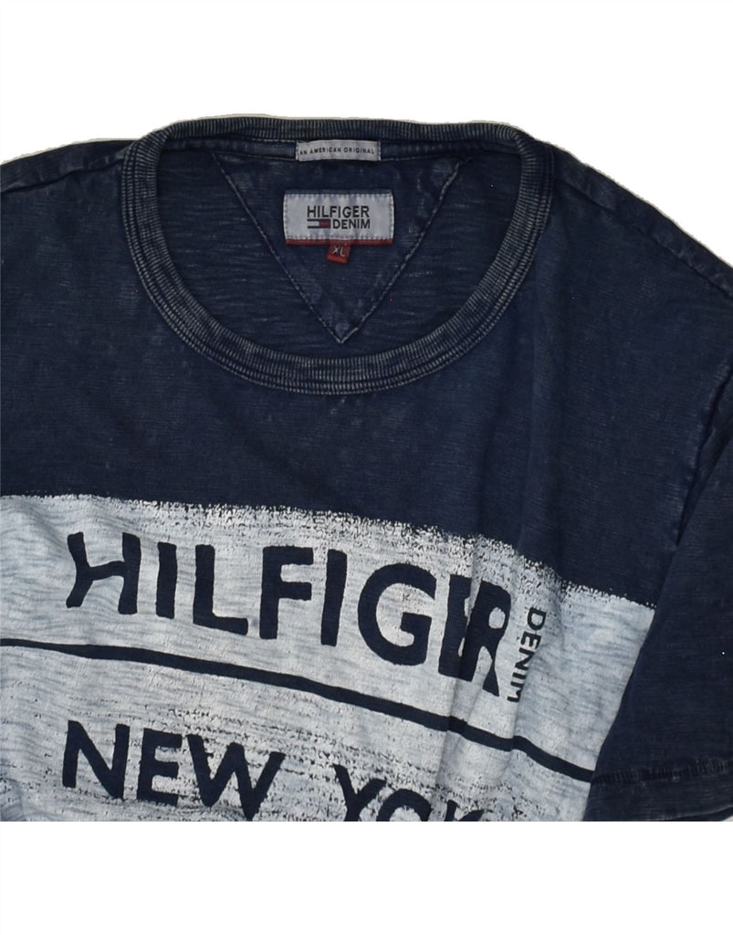 TOMMY HILFIGER Mens Graphic T-Shirt Top XL Navy Blue Colourblock | Vintage Tommy Hilfiger | Thrift | Second-Hand Tommy Hilfiger | Used Clothing | Messina Hembry 