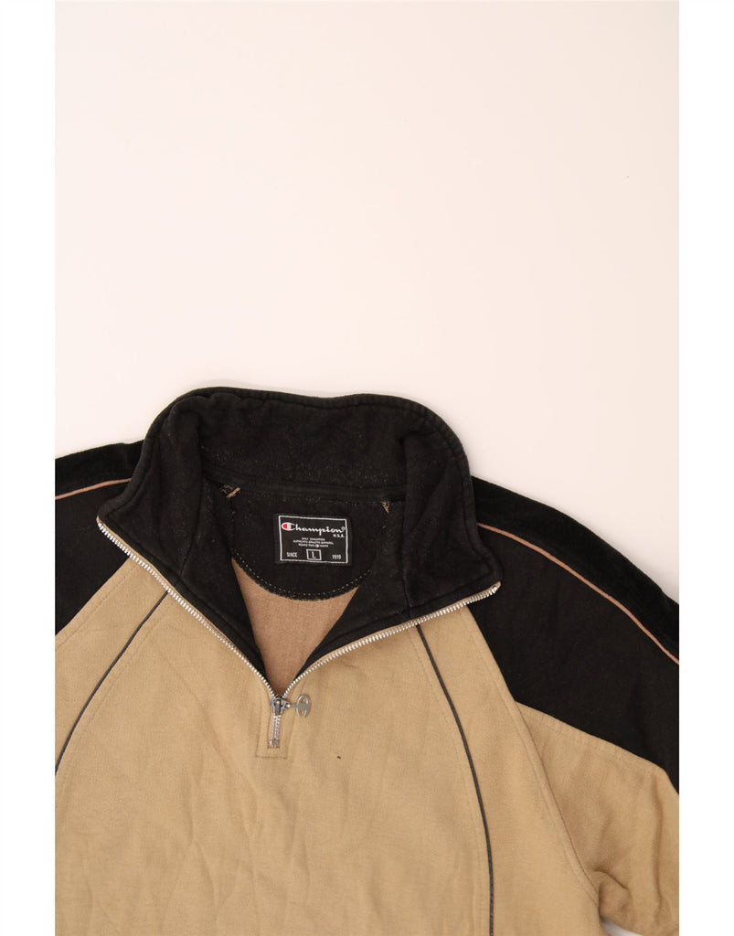 CHAMPION Mens Zip Neck Sweatshirt Jumper Large Beige Colourblock Vintage Champion and Second-Hand Champion from Messina Hembry 