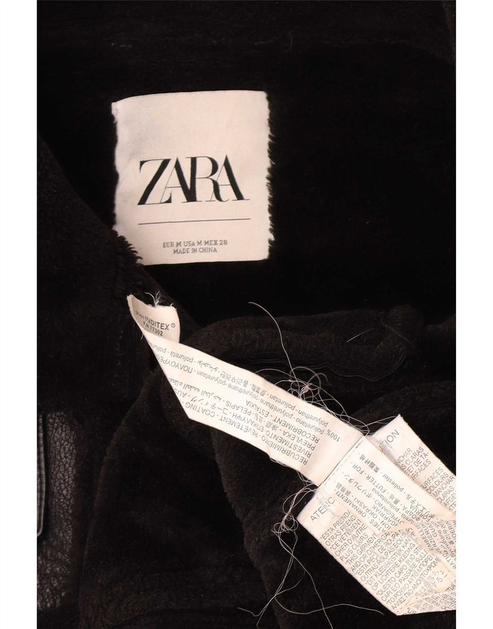 Zara Womens Faux Leather Sherpa Jacket UK 14 Medium Black Polyurethane