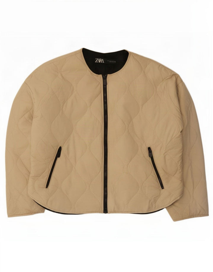 Zara Womens Oversized Quilted Jacket UK 10 Small Beige Polyester