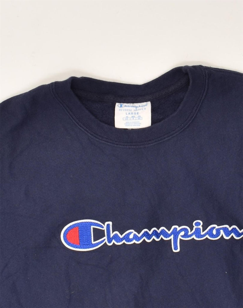 CHAMPION Womens Graphic Sweatshirt Jumper UK 16 Large Navy Blue Cotton | Vintage Champion | Thrift | Second-Hand Champion | Used Clothing | Messina Hembry 