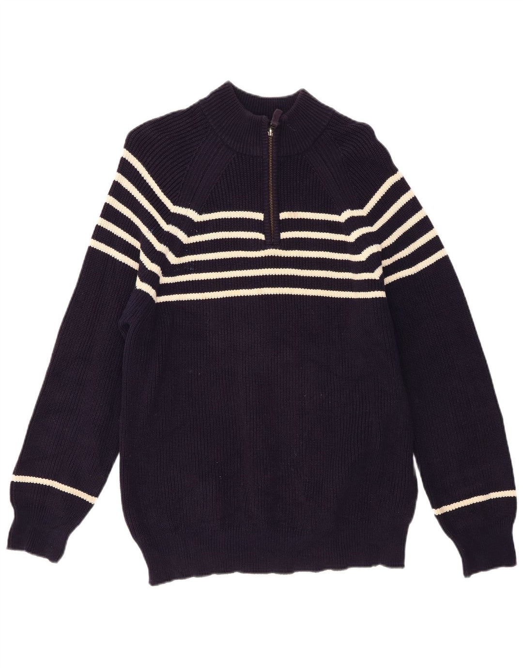 Boden Mens Zip Neck Jumper Sweater Medium Navy Blue Striped Cotton