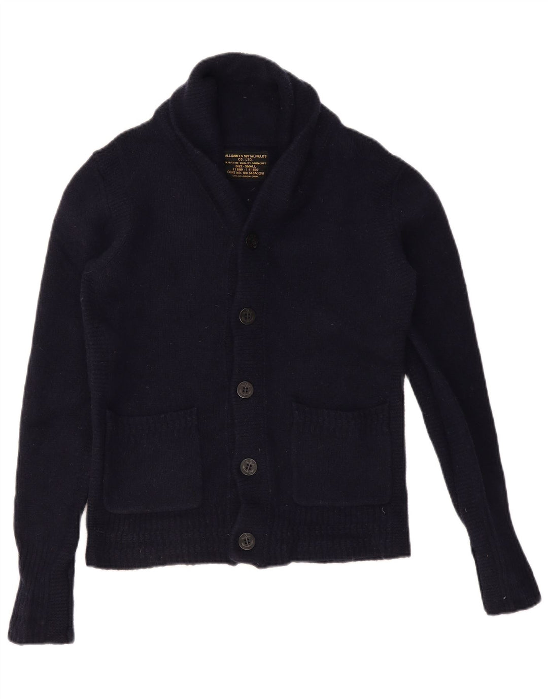 ALL SAINTS Mens Cardigan Sweater Small Navy Blue Lambswool