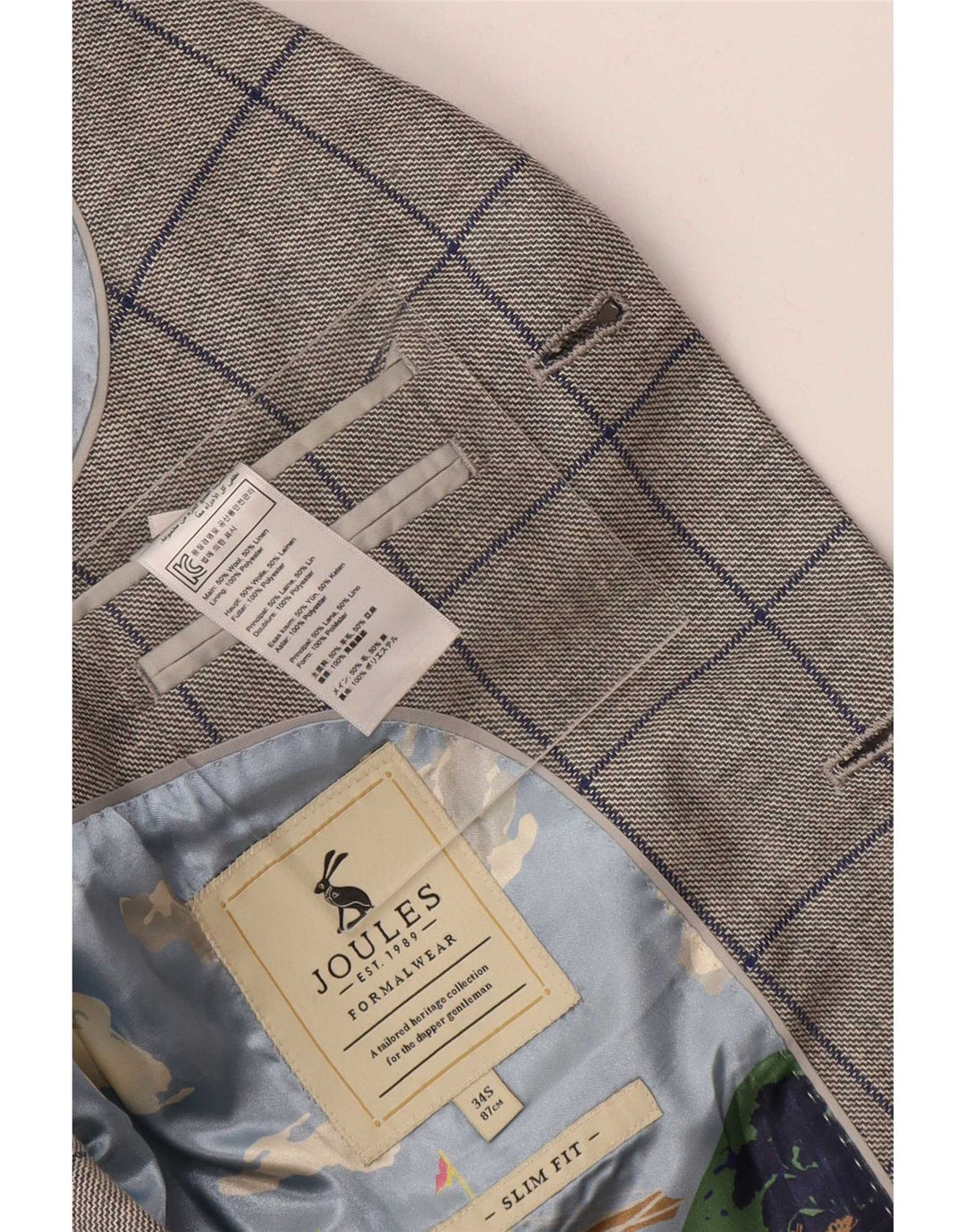 Joules Mens 2 Button Slim Fit Blazer Jacket UK 34 XS Grey Check Wool