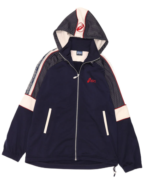 Asics Mens Graphic Hooded Tracksuit Top Jacket Large Navy Blue Colourblock